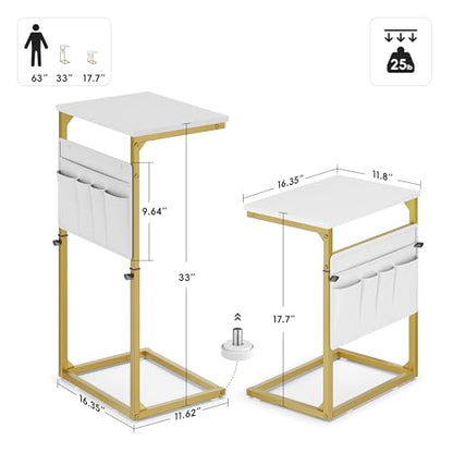 Vagusicc C Shaped End Table, 33'' Tall Side Table for Couch, Adjustable Height Small Couch Side Table for Small Spaces, C Table End Table Slide Under Sofa Table TV Tray Arm Table for Living Room - color: Golden