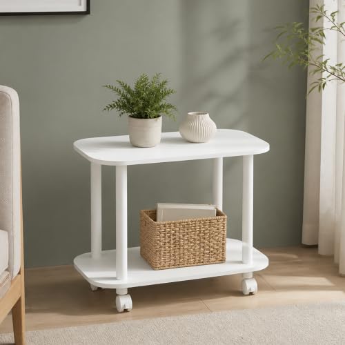 2-Tier Oval Sofa End Table with Wheels, Round Corner Bedside Table, Night Stand with Open Shelf, Toolless Assembly Side Table, for Bedroom, Living Room, White - color: White/White, size: 2 Tier, Oval