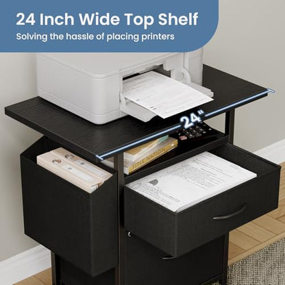 DUMOS 2 Drawer Mobile File Cabinet, Printer Stand with 24'' Wide Desktop | Fabric Drawer Cabinet Under Desk with Storage Side Bag,Rolling Printer Cart Not for Hanging Files for Home Office, Black - color: Classic Black