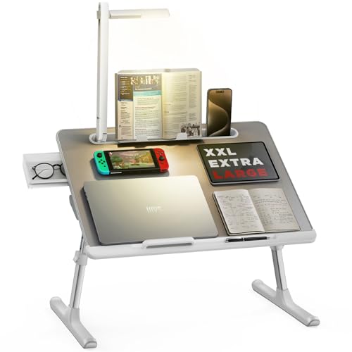 Laptop Bed Tray Desk with LED Desk Lamp, SAIJI Adjustable Laptop Stand for Bed, XX-Large PVC Leather Foldable Table with Book Stand, Wrist Rest, Extra Leg Room for Sofa Couch Floor (Gray) - color: Gray