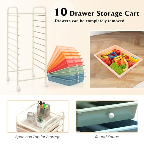 DREAMADE Rolling Cart With Storage Drawers, Utility Cart With Removable Plastic Drawers, Lockable Wheels for Classroom Organization, Art Supplies, Office, Scrapbook (10 Drawers, Macaron) - color: Macaron, style: 10 Drawers