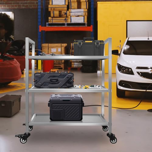 3 Shelf Stainless Steel Cart, 400 Lbs, 1MM Thick, Serving Cart with Wheels, Household, Service Trolley, 360°Rotation Storage Shelf with Locking Wheels