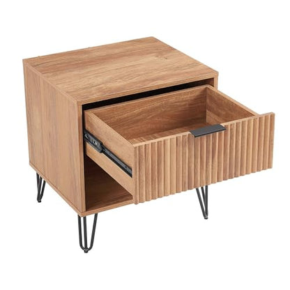 JOSHEN Sturdy Metal Legs Nightstand, Bedside Stand with Textured Drawer, Accent Table for Bedroom for Indoor use, Brown - color: Brown