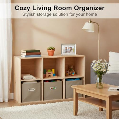 Gdrasuya10 6 Cube Bookshelf with 3 Storage Baskets, Modern Wood Horizontal Bookcase, Natural Large Book Case, Freestanding Book Organizer Display Shelf for Bedroom, Living Room, Office - size: 6 Cubes with 3 baskets