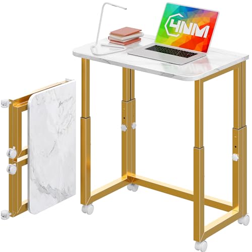 4NM No Tool Assembly 23.6" Small Desk, Folding Portable Desk with Wheels, Adjustable Height Foldable Computer Home Office Desks, Collapsible Study Writing Table for Space Saving Bedroom - White Gold - color: White Gold, size: 23.6"