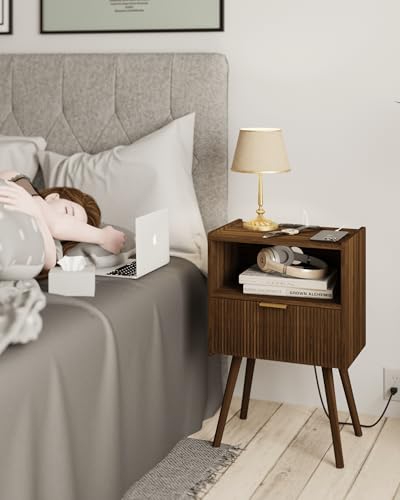 JOONEE Nightstand with Outlet,Modern Bedside Table with Storage Drawer and Open Wood Shelf, for Living Room, Bedroom and Small Spaces, Accent Night Stand with Solid Wood Legs, Easy Assembly,Brown - color: Walnut Brown-outlet