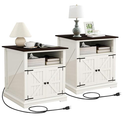 MUUEGM Farmhouse End Tables Living Room Set of 2, NightStand with Charging Station, Wooden Side Table with Adjustable Storage Shelf and Barn Door for Living Room, Bedroom, White, 2 Pack - color: White Set 2