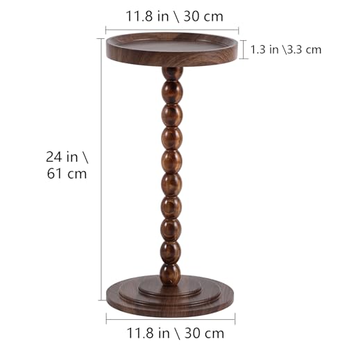 Small Round SideTable, Drink Table Martini Table for Small Spaces, Tall End Table with Solid Wood Leg, Pedestal Side Table for Living Room Sofa Bedroom Bedside (Dark Walnut)