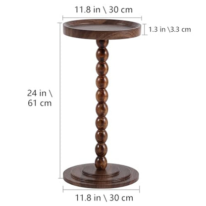 Small Round SideTable, Drink Table Martini Table for Small Spaces, Tall End Table with Solid Wood Leg, Pedestal Side Table for Living Room Sofa Bedroom Bedside (Dark Walnut)