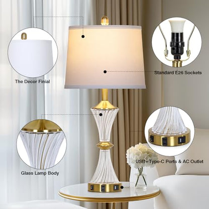 Rinweey Crystal Glass Table Lamp Set of 2 with USB C+A Ports & AC Outlet, White Lamp, Modern Bedroom Lamps, Gold Lamp for Night Stands Bedroom Living Room,Nightstand Lamp LED Bulbs Included - color: Gold