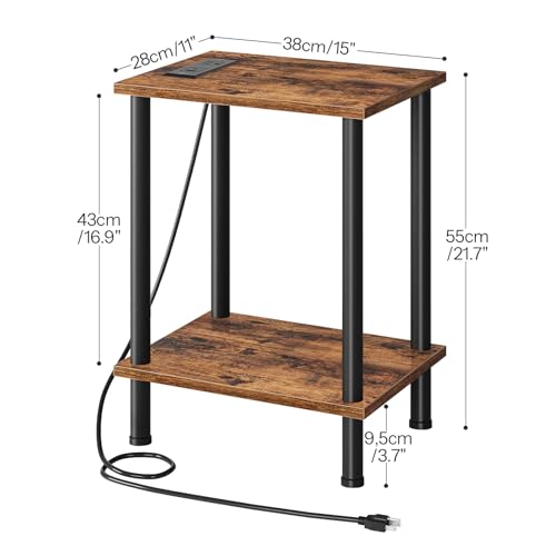 HOOBRO Side Table with Charging Station, Set of 2 End Tables with USB Port and Outlets, Nightstand with 2-Layer Storage Shelves for Small Spaces, Living Room, Bedroom, Rustic Brown BF09UBZP201 - color: Rustic Brown + Black