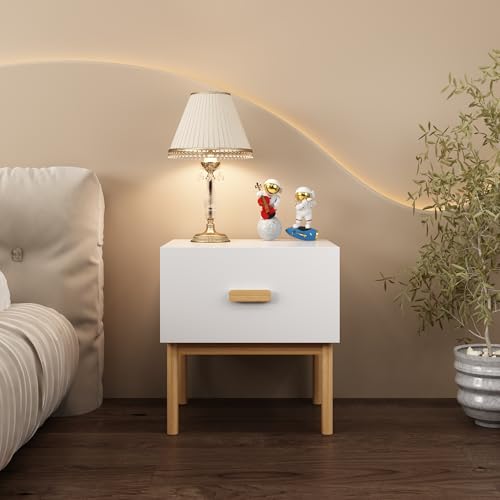 Modern Minimalist White Nightstand with Solid Pine Wood Legs & Spacious Drawer - Versatile Bedside Table for Bedroom, Living Room, or Small Apartment