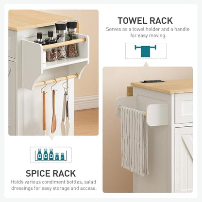 RALGEND Kitchen Island with Drop Leaf & Power Outlet, Rolling Kitchen Island Cart On Wheels, Barn Door Kitchen Island Table with Storage and Tower Rack, Island Table for Kitchen, White and Natural - color: White + Natural