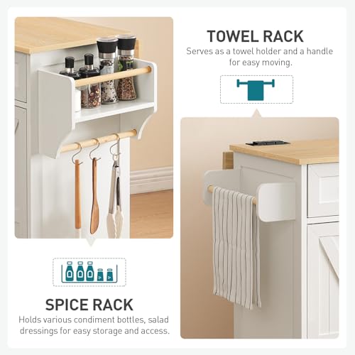 RALGEND Kitchen Island with Drop Leaf & Power Outlet, Rolling Kitchen Island Cart On Wheels, Barn Door Kitchen Island Table with Storage and Tower Rack, Island Table for Kitchen, White and Natural - color: White + Natural