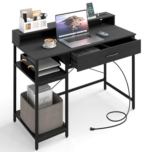 Giantex Computer Desk with Drawer, 42" Small Computer Workstation w/Charging Station & Monitor Stand, PC Laptop Desk w/Storage Shelves & Compartments, Writing Desk for Small Space, Home Office, Black - color: Black