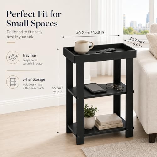 Narrow Side Table Black, 3-Tier Side Table, Rustic Farmhouse Narrow End Table with Storage, Slim Table Nightstand for Small Spaces, Bedroom or Living Room (Black) - color: Black