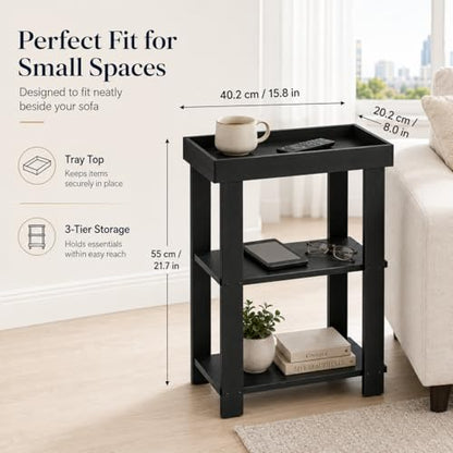 Narrow Side Table Black, 3-Tier Side Table, Rustic Farmhouse Narrow End Table with Storage, Slim Table Nightstand for Small Spaces, Bedroom or Living Room (Black) - color: Black