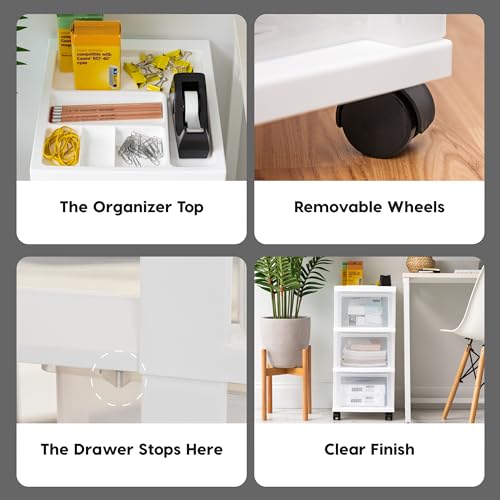 IRIS USA Plastic Drawer Storage Organizer Rolling Cart, with Wheels Casters, 3-Drawers, for Classroom Art Craft Supplies Dresser Closet Bathroom Laundry Room, White/Clear