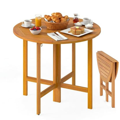 Tangkula 36 Inches Outdoor Folding Round Dining Table, No Assembly Patio Acacia Wood Bistro Table with Slatted Tabletop, 4-Person Outside Dining Furniture for Backyard, Porch, Balcony - size: 36"