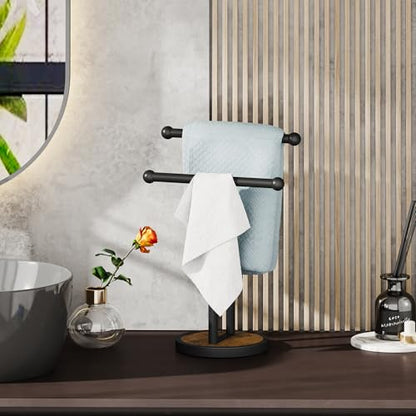 YINMIT Hand Towel Stand with Heavy Wood Base, Free Standing Towel Rack Double T-Shape Hand Towel Holder for Bathroom, Countertop Towel Holder for Bathroom, Kitchen, Countertop Vanity - color: Rustic Brown 2 Tier