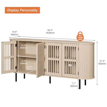 WAMPAT 64.4" Fluted TV Stand, Wood Entertainment Center for TVs Up to 70 inches, Curved Edge Media Console Table with Doors and Shelves for Living Room, Bedroom, Natural - color: Natural