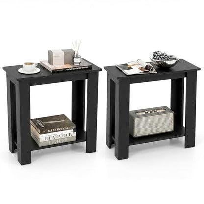 Giantex Narrow End Table Set of 2, 2-Tier Side Table with Open Storage Shelf, Retro Wood Sofa Table Bedside Tables for Small Spaces, Slim Nightstand for Living Room, Bedroom, Easy Assembly, Black - color: Black