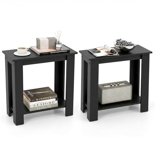Giantex Narrow End Table Set of 2, 2-Tier Side Table with Open Storage Shelf, Retro Wood Sofa Table Bedside Tables for Small Spaces, Slim Nightstand for Living Room, Bedroom, Easy Assembly, Black - color: Black