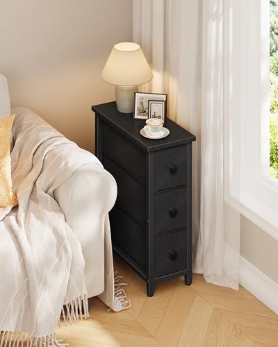 CHOEZON Narrow Side Table with 3 Fabric Drawers, Industrial Slim Bedside Table for Small Spaces, Bedroom, Living Room, Dormitory, Black TBZ09BB - color: Black