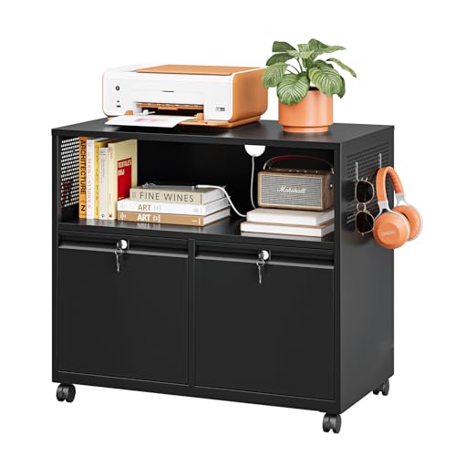 Metal File Cabinet,2 Drawer Filing Cabinet with Lock,Rolling Printer Stand Storage Cabinets with Shelves for Home Office Letter/Legal/A4 Size Files(Black) - color: Black, size: 31.5"W x 28"H x 17"D - B