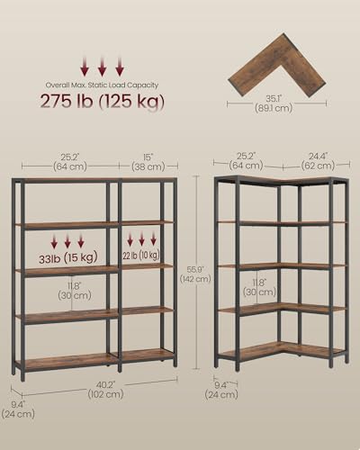 VASAGLE 5 Tier Bookshelf with Metal Frame, Convertible Industrial Corner Shelf, 9.4 x 40.2 x 55.9 Inches, for Living Room, Bedroom, Home Office, Rustic Brown and Ink Black ULLS605KD01 - size: 5 Tiers (40.2"W)