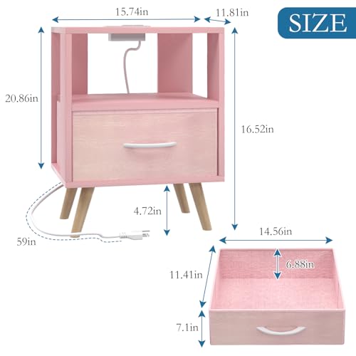 Huhote Kids Nightstand, 2-Tier Night Stand with Charging Station and Drawer, Modern Side Table for Bedroom, Study Room Small Spaces, Pink - color: Pink, size: 2-Tier with Charging