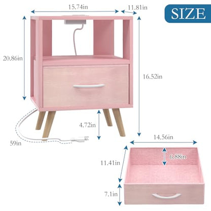 Huhote Kids Nightstand, 2-Tier Night Stand with Charging Station and Drawer, Modern Side Table for Bedroom, Study Room Small Spaces, Pink - color: Pink, size: 2-Tier with Charging