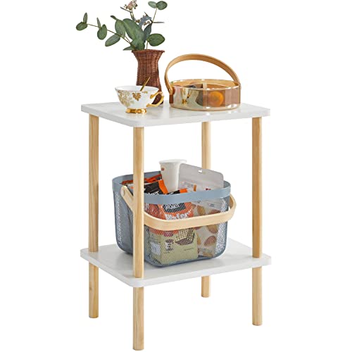 IBUYKE 2-Tier Side Table, Solid Wood Tall End Table with Storage Shelves, Nightstand Bedside Table for Living Room Bedroom Office, No-Tool Assembly, White UWST002W - color: White, size: 11.42" x 15.35" x 20.86"