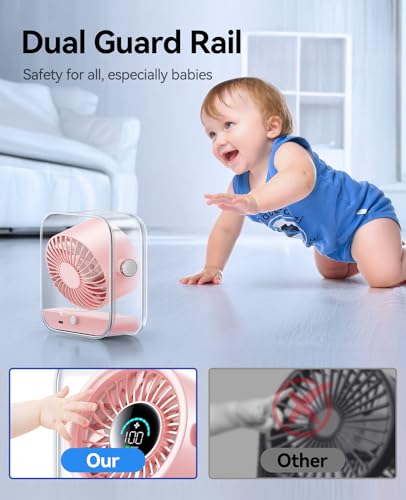 KIMMOO Rechargeable USB Desk Fan, Quiet Table Fan with Turbo Airflow, 100 Speeds, Digital Display, 90° Rotating, Small Battery Desktop Fans for Bedroom Home Office Travel, Pink - color: Pink
