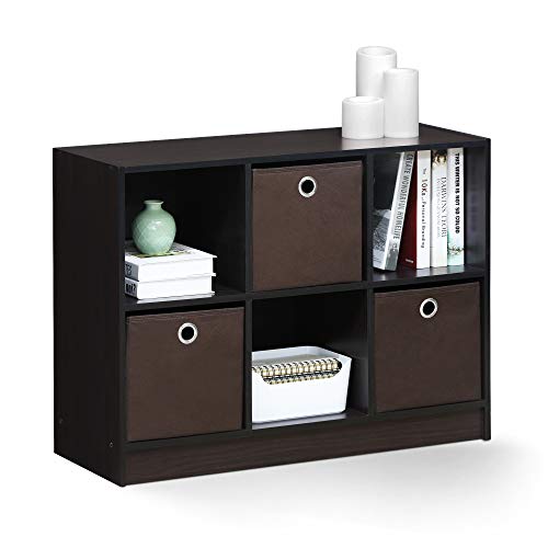 Furinno BASIC Book Shelf, 6-Cube Bookshelf with Open Shelf, 3 x 2 Bookcase with Storage Bins, Closed Back, Horizontal, 11.9 x 31.6 x 23.6, for Living Room, Bedroom, Home Office, Dark Walnut - color: Dark Walnut, size: 6-Cube with Bin
