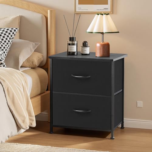 Nightstand Set of 2 Upgraded Small 2 Drawer Dresser End Table | Bedside Furniture, Wooden Top Fabric Bins for Bedroom, Closet, Entryway, Dorm, 11.8" D x 18" W x 20", Black - color: Black