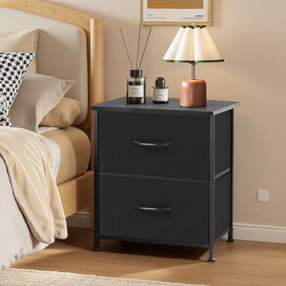 Nightstand Set of 2 Upgraded Small 2 Drawer Dresser End Table | Bedside Furniture, Wooden Top Fabric Bins for Bedroom, Closet, Entryway, Dorm, 11.8" D x 18" W x 20", Black - color: Black