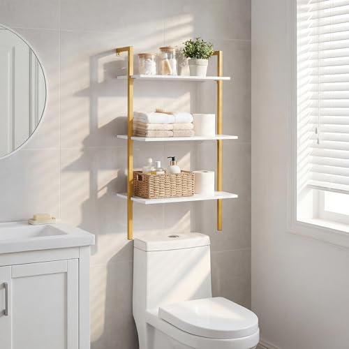 Giantex Ladder Shelf, 3-Tier Wood Wall Mounted Bookshelf with Metal Frame, Modern Open Storage Rack and Display Shelves, Wooden Floating Shelving Unit for Living Room, Home Office (Gold+White)