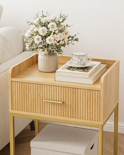 Nightstand, 3-Tier Bed Side Table, Small End Table, Night Stand with Open Shelf and Drawer, Bedside Table for Bedroom, Living Room, Oak - color: Oak, style: Without Charging Station