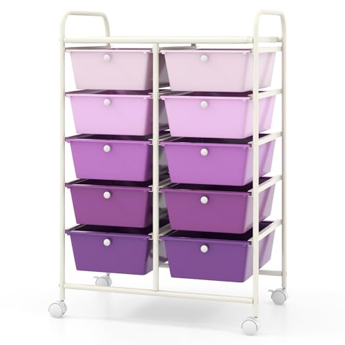 10-Drawer Rolling Cart with Drawers, Storage Cart with Universal Wheel & Metal Frame, Multipurpose Mobile Trolley Utility Cart for Makeup Kitchen Office Play Room (Gradient Purple) - color: Gradient Purple