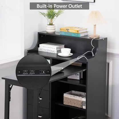 Folding Desk with Storage,Hidden Desk with Lockable Drawers & Shelves, Built-in Power Outlet,Fold Out Desk for Study and Home Office - color: Black