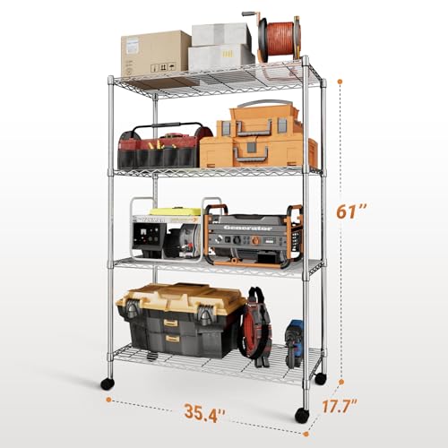 Simple Deluxe Heavy Duty 4-Tier Shelving with Wheels, 35.43" W x 17.72" D x 61.02" H Adjustable Steel Organizer Wire Rack, 1400 Lbs Loading Capacity, Chrome - color: Chrome, size: 4-Tier, 36"W x 18"D x 61"H