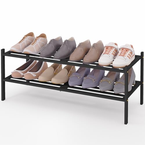 Smiry Long Bamboo Shoe Rack, 2 Tier Free Standing Wooden Shoe Organizer, Stackable Wood Shoe Storage Shelf for Closet, Entryway, 5 Horizontal Slats, 33.9"x11"x13", Black - color: Black, size: 2 Tier - 33.9" Wide