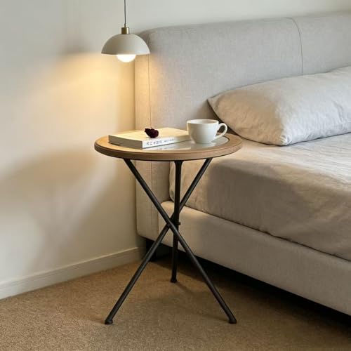 Minimalist Mid-Century Modern Round End Table, Solid Wood Tempered Glass Side Table, Accent Table with Metal Tripod Legs for Living Room, Bedroom, Balcony, Office & Small Spaces (17.22" D x 21.26" H)