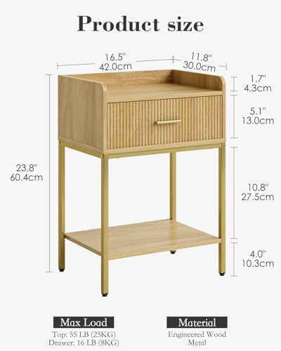 Nightstand, 3-Tier Bed Side Table, Small End Table, Night Stand with Open Shelf and Drawer, Bedside Table for Bedroom, Living Room, Oak - color: Oak, style: Without Charging Station
