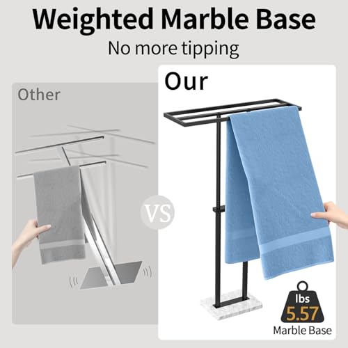 LSK 40” Standing Towel Rack, 3 Tier Towel Stand with Marble Base, Black | Stainless Steel Freestanding Towel Racks for Bathroom, Towel Holder Stand for Hanging Multiple Sizes Towels