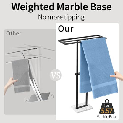 LSK 40” Standing Towel Rack, 3 Tier Towel Stand with Marble Base, Black | Stainless Steel Freestanding Towel Racks for Bathroom, Towel Holder Stand for Hanging Multiple Sizes Towels