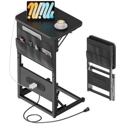 HLDIRECT C Shaped End Table with Charging Station & Storage Bag Black | 2 USB & 2 Outlets, Storage Bag, FSC Wood, Foldable, 11.8"D x 15.7"W, for Small Spaces, Couch, Bedroom - color: Black