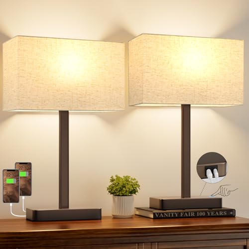 Hong-in Touch Lamps for Bedroom - 3-Way Dimmable Bedside Lamps Set of 2 with USB C+A, White Modern Table Lamp for Night Stands, Desk Lamp for Living Room Nightstand End Tables Bed Side - color: G. White&Brown