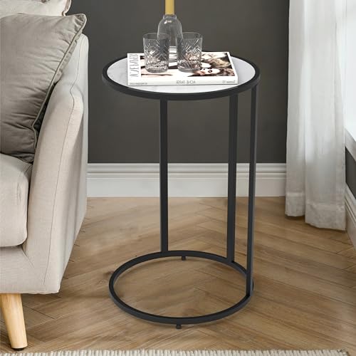 Round C Shaped Side Table, Slide Under Couch End Table with Wood Top, Snack Coffee Laptop Side Table for Living Room Bedroom Small Space - color: Black